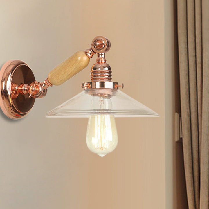 Lisslune | 1 Light Clear Glass Wall Light Rustic Rose Gold Cone Living Room Lighting with Rotatable Arm