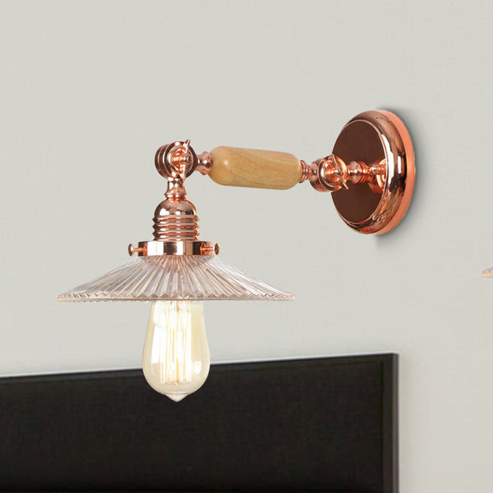 Lisslune | Ribbed Glass Pink Gold Wall Lamp Saucer 1-Light Industrial Wall Lamp Mounting for Living Room