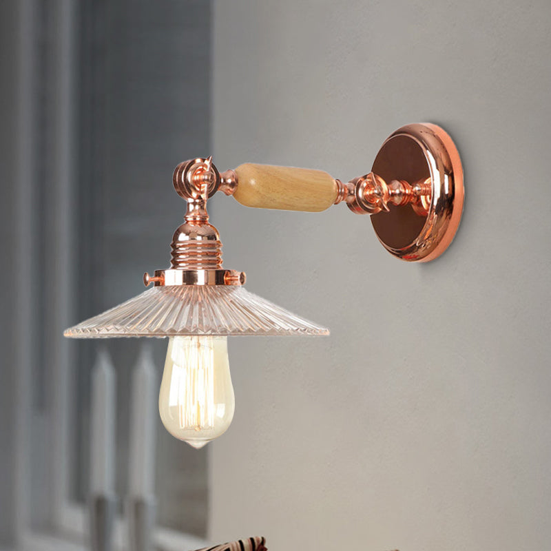 Lisslune | Ribbed Glass Pink Gold Wall Lamp Saucer 1-Light Industrial Wall Lamp Mounting for Living Room
