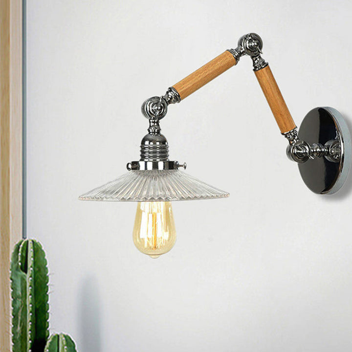 Lisslune | A light wall lamp with bowl shade ribbed glass vintage study wall light with 8"+8"/6"+6"/8"+4" extendable wooden arm