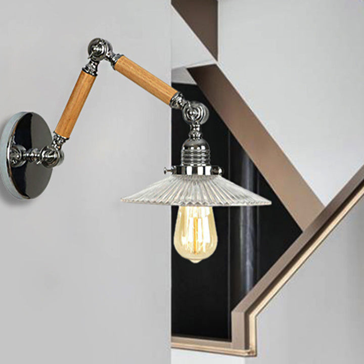 Lisslune | A light wall lamp with bowl shade ribbed glass vintage study wall light with 8"+8"/6"+6"/8"+4" extendable wooden arm