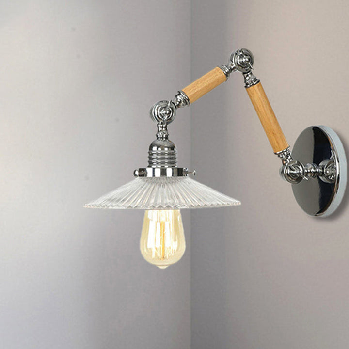 Lisslune | A light wall lamp with bowl shade ribbed glass vintage study wall light with 8"+8"/6"+6"/8"+4" extendable wooden arm