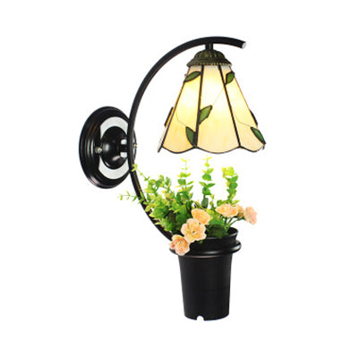 Lisslune | Lily Wall Lamp Tiffany Beige/Clear Glass 1 Head Black Sconces Lighting with Flower Decoration
