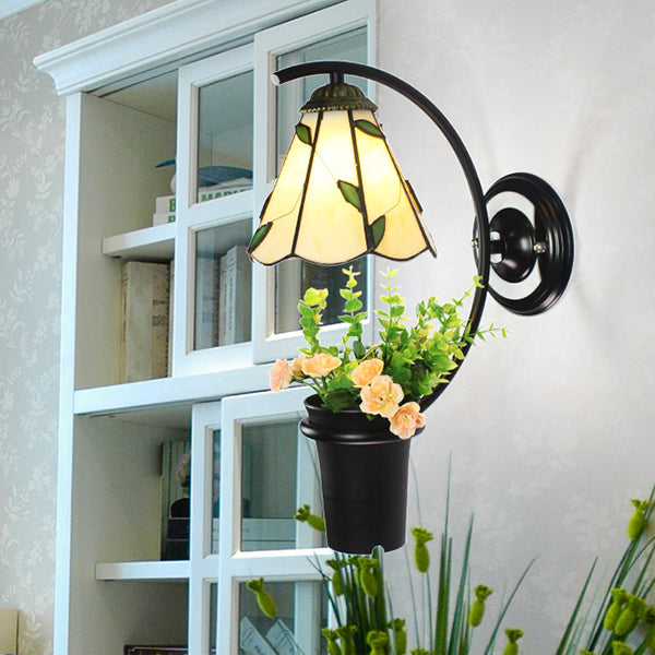 Lisslune | Lily Wall Lamp Tiffany Beige/Clear Glass 1 Head Black Sconces Lighting with Flower Decoration