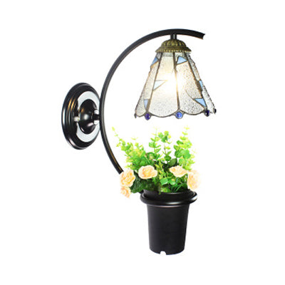 Lisslune | Lily Wall Lamp Tiffany Beige/Clear Glass 1 Head Black Sconces Lighting with Flower Decoration