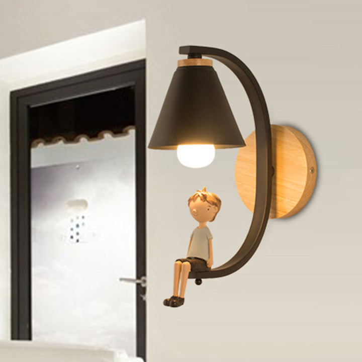 Skørter | Cone Shade Wall Lamp with Boy Deco 1 Head Metal Wall Lamp for Children's Bedroom Entrance