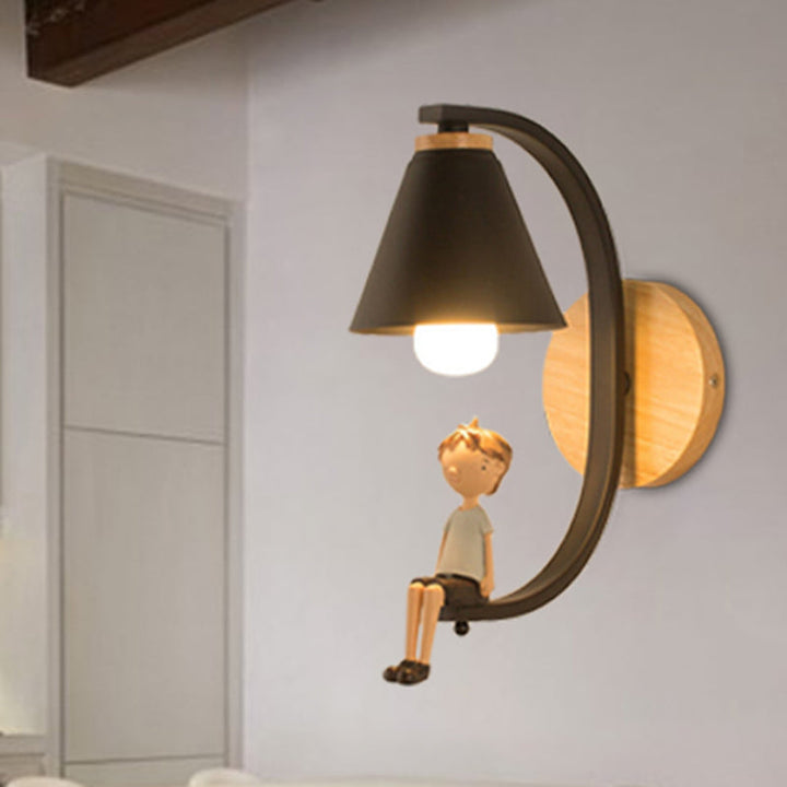 Skørter | Cone Shade Wall Lamp with Boy Deco 1 Head Metal Wall Lamp for Children's Bedroom Entrance