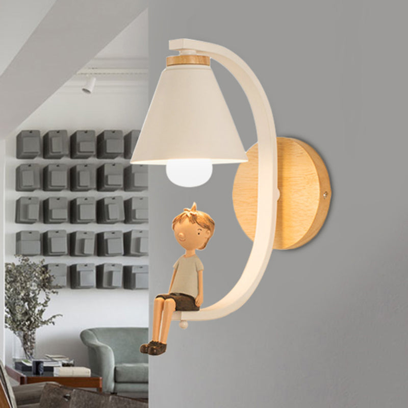 Skørter | Cone Shade Wall Lamp with Boy Deco 1 Head Metal Wall Lamp for Children's Bedroom Entrance