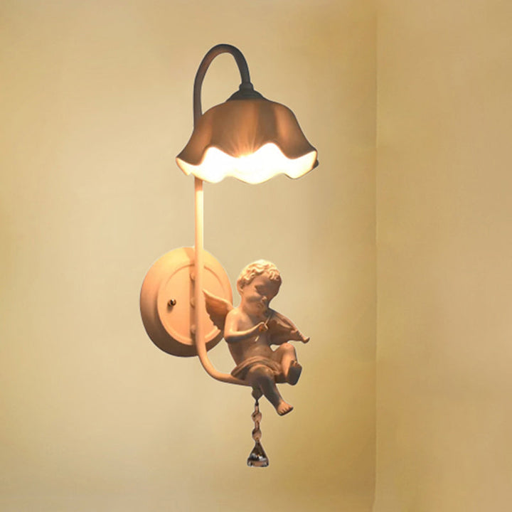 Skørter | Modern Flower Wall Lamp with Angel 1 Light Metal Wall Light in White for the Bathroom