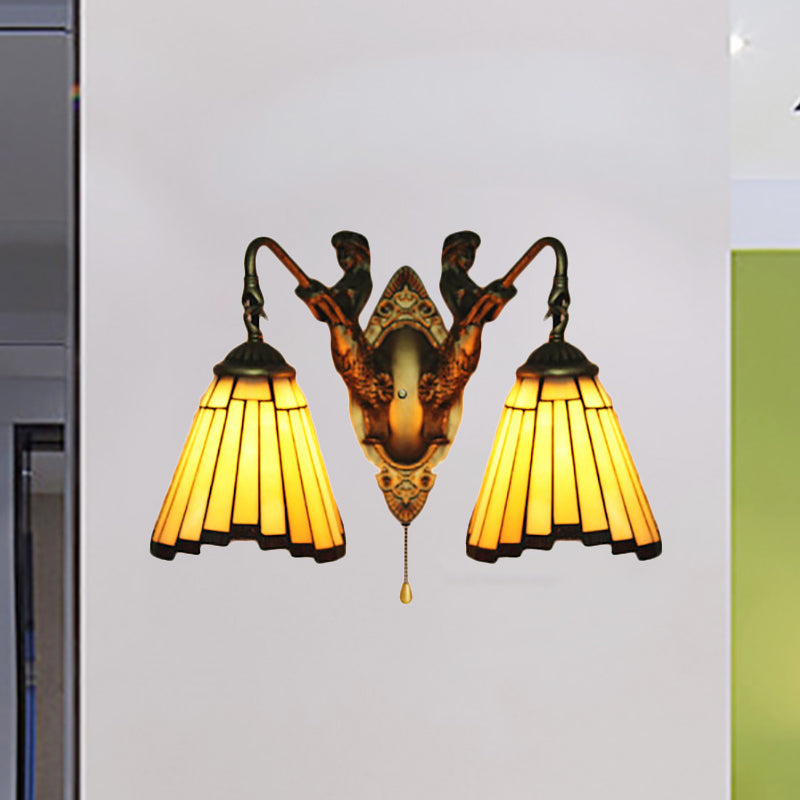 Lisslune | Yellow Glass Old Brass Wall Light Arc/Nix 2 Heads Mission Wall Mounted Lamp