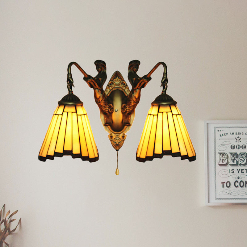 Lisslune | Yellow Glass Old Brass Wall Light Arc/Nix 2 Heads Mission Wall Mounted Lamp