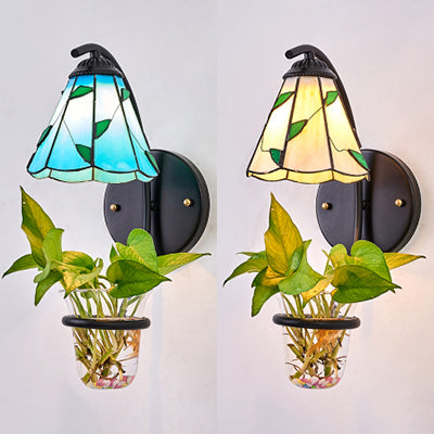 Lisslune | Cone Wall Light 1 Head Beige/Blue Glass Tiffany Wall Light with Plant Decoration