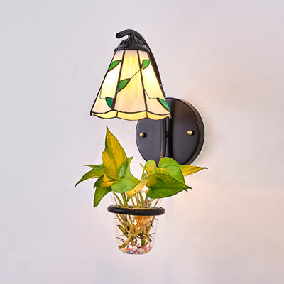 Lisslune | Cone Wall Light 1 Head Beige/Blue Glass Tiffany Wall Light with Plant Decoration
