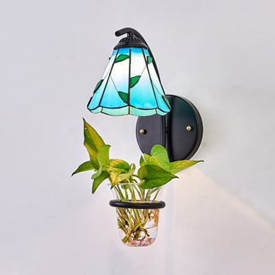 Lisslune | Cone Wall Light 1 Head Beige/Blue Glass Tiffany Wall Light with Plant Decoration
