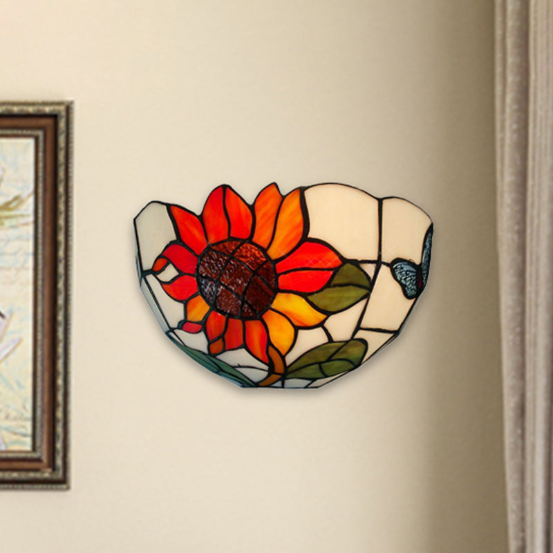 Lisslune | Sunflower Wall Light with Bowl Shape Stained Glass Rustic Tiffany Wall Lamp