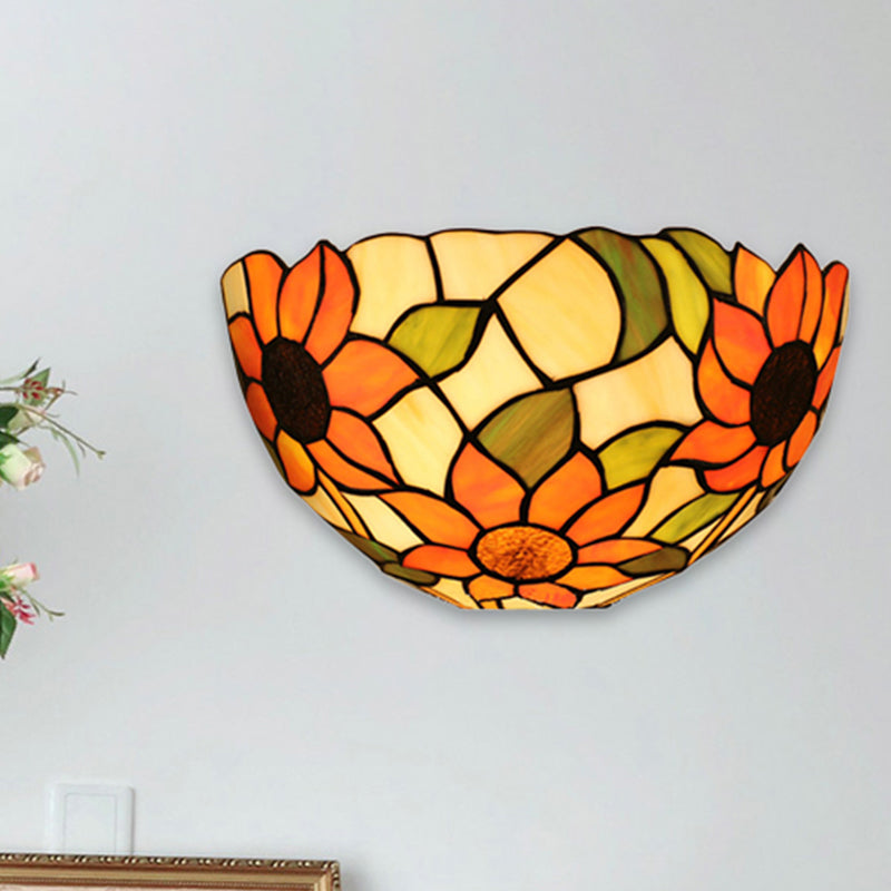 Lisslune | Sunflower Wall Light with Bowl Shape Stained Glass Rustic Tiffany Wall Lamp