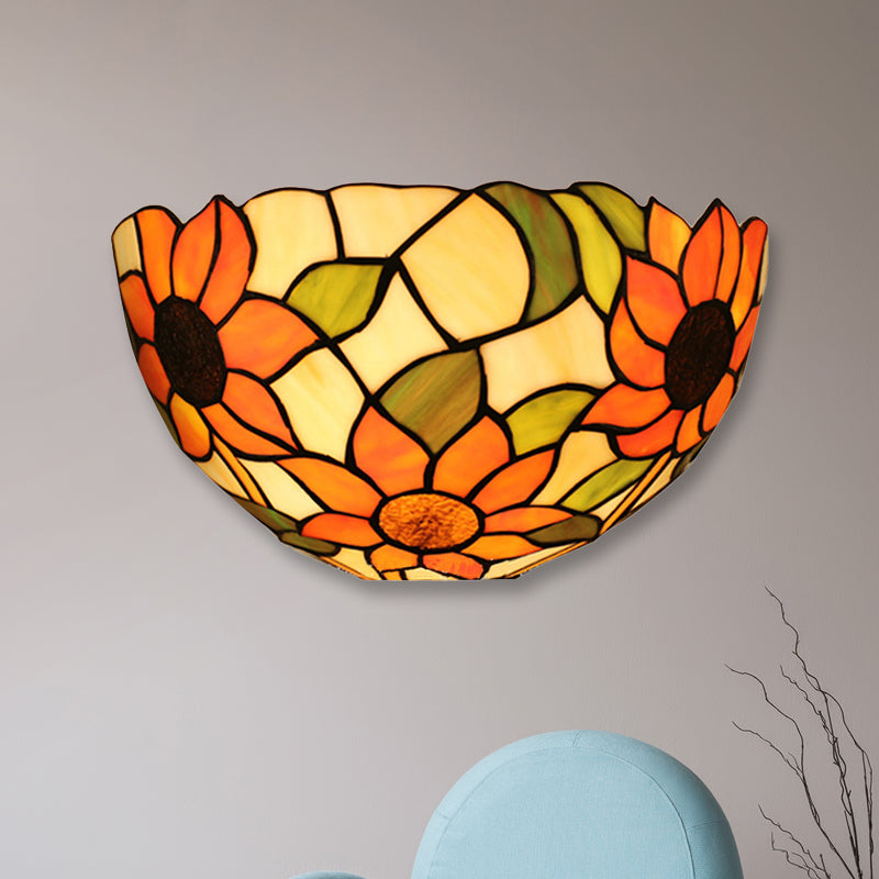 Lisslune | Sunflower Wall Light with Bowl Shape Stained Glass Rustic Tiffany Wall Lamp