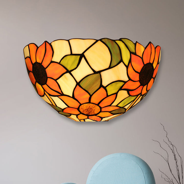 Lisslune | Sunflower Wall Light with Bowl Shape Stained Glass Rustic Tiffany Wall Lamp