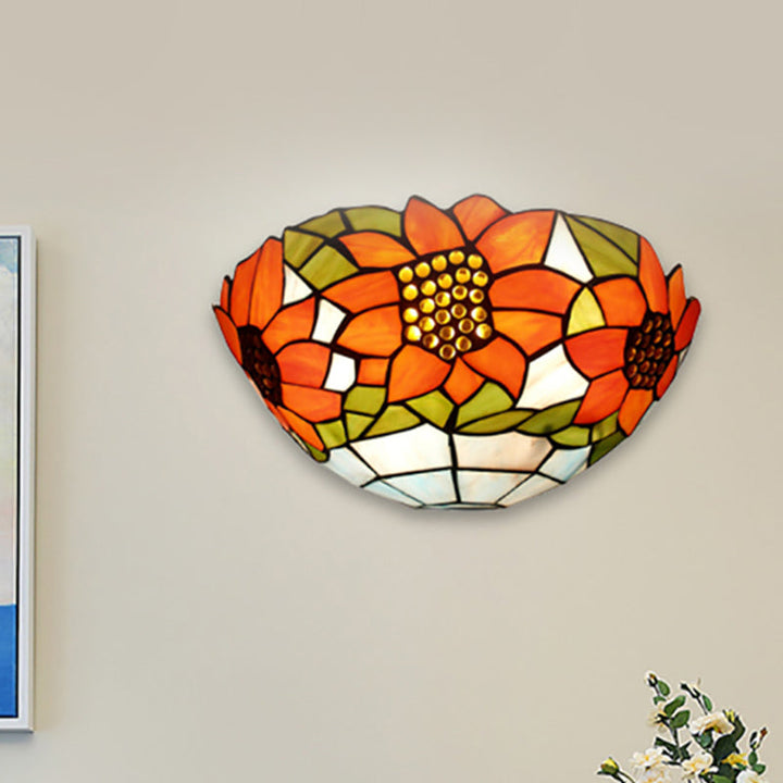 Lisslune | Sunflower Wall Light with Bowl Shape Stained Glass Rustic Tiffany Wall Lamp