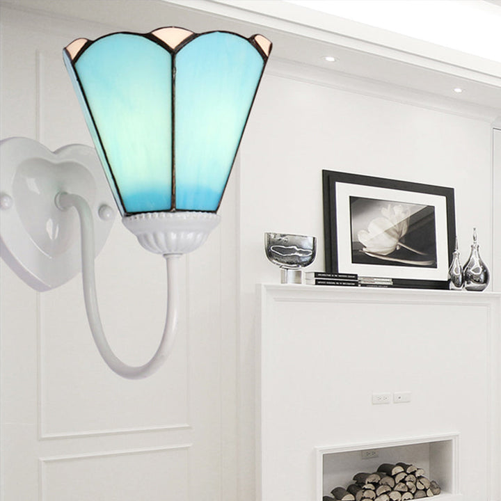 Lisslune | 1 Head Half Wall Lamp Fixture Mediterranean White/Gold/Blue Sconce Lamp with Lily Blue Glass Shade
