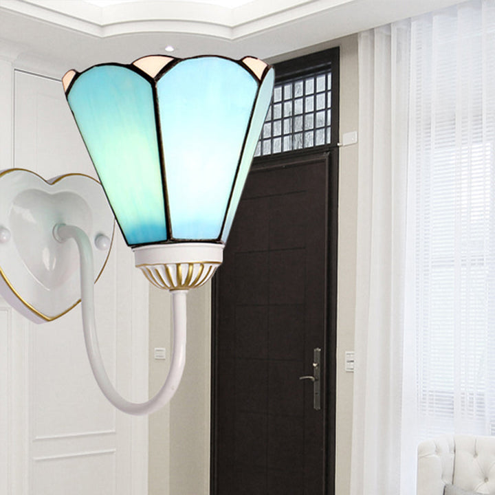 Lisslune | 1 Head Half Wall Lamp Fixture Mediterranean White/Gold/Blue Sconce Lamp with Lily Blue Glass Shade