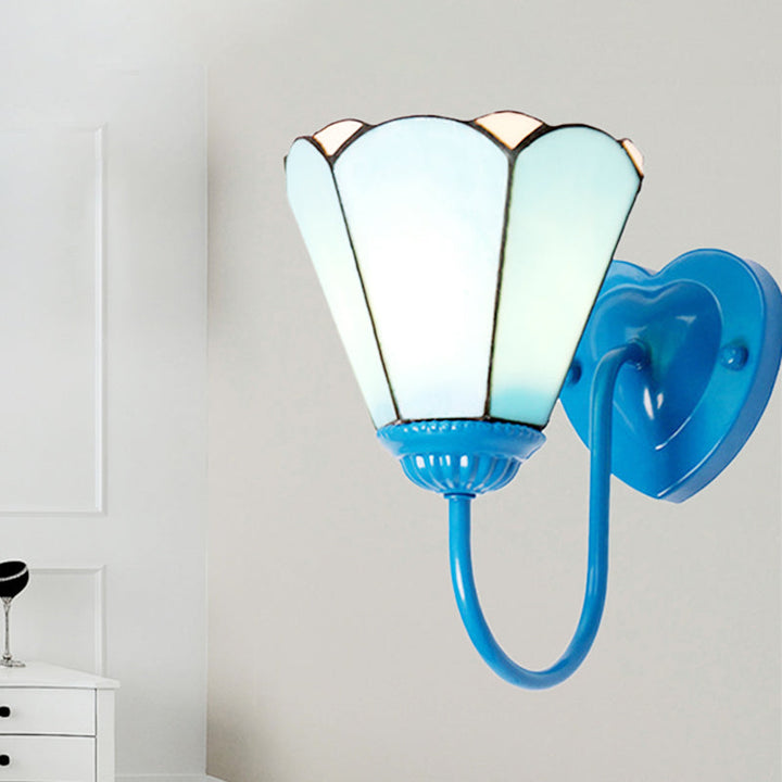 Lisslune | 1 Head Half Wall Lamp Fixture Mediterranean White/Gold/Blue Sconce Lamp with Lily Blue Glass Shade