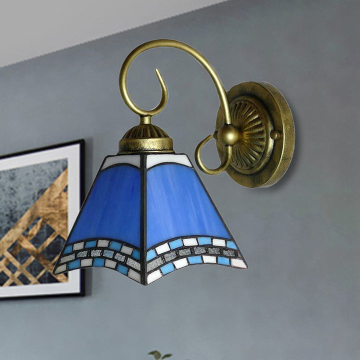 Lisslune | Blue Pyramid Wall Lighting Nautical Mission 1 Light Stained Glass Wall Mounted Light for Foyer