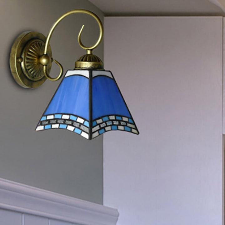 Lisslune | Blue Pyramid Wall Lighting Nautical Mission 1 Light Stained Glass Wall Mounted Light for Foyer