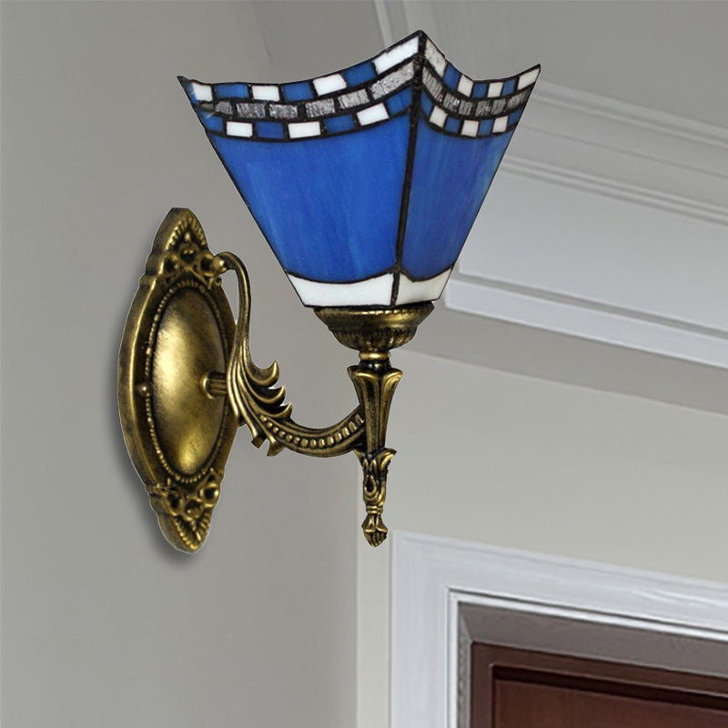 Lisslune | Blue Pyramid Wall Lighting Nautical Mission 1 Light Stained Glass Wall Mounted Light for Foyer