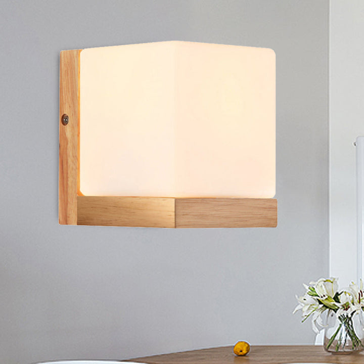 Skørter | Hotel Restaurant Cube Wall Lamp Opal Glass Wood 1 Light Japanese Style White Wall Lamp