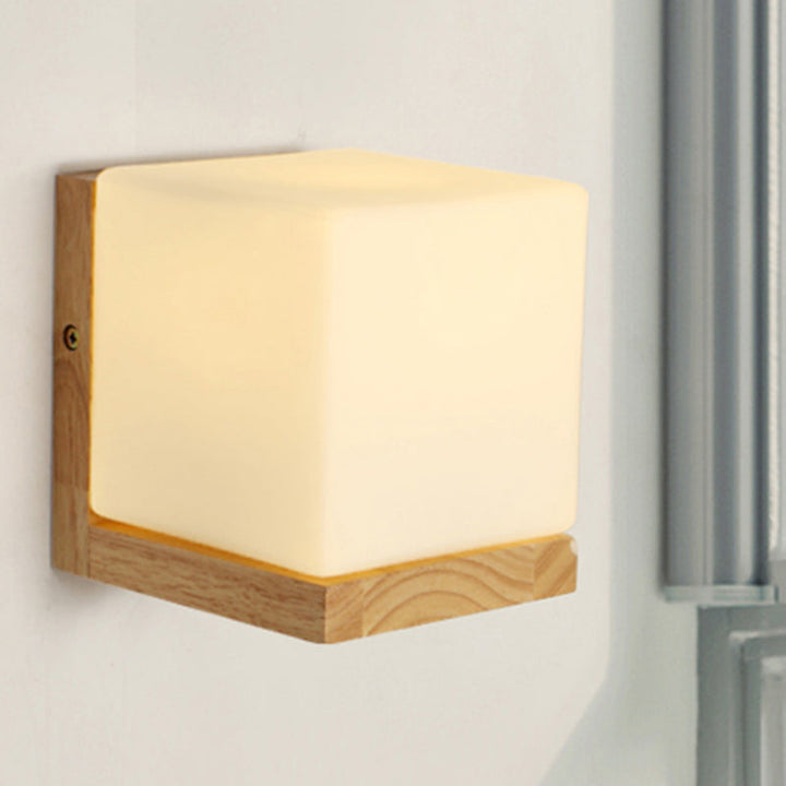 Skørter | Hotel Restaurant Cube Wall Lamp Opal Glass Wood 1 Light Japanese Style White Wall Lamp