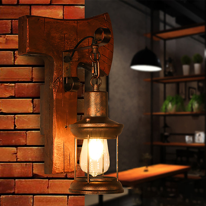 Lisslune | Rust One-Light Wall Light Coastal Clear Glass Lantern Lighting Fixture with Wood Back Plate