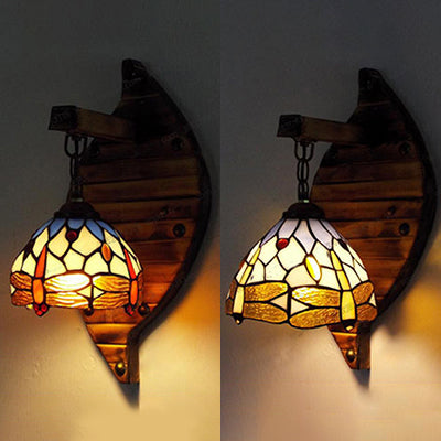 Lisslune | Vintage Arched Wall Lamp Stained Glass 1 Light Hanging Wall Light with Dragonfly Pattern in Purple/Blue