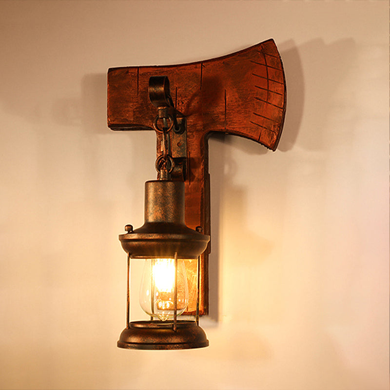 Lisslune | Rust One-Light Wall Light Coastal Clear Glass Lantern Lighting Fixture with Wood Back Plate
