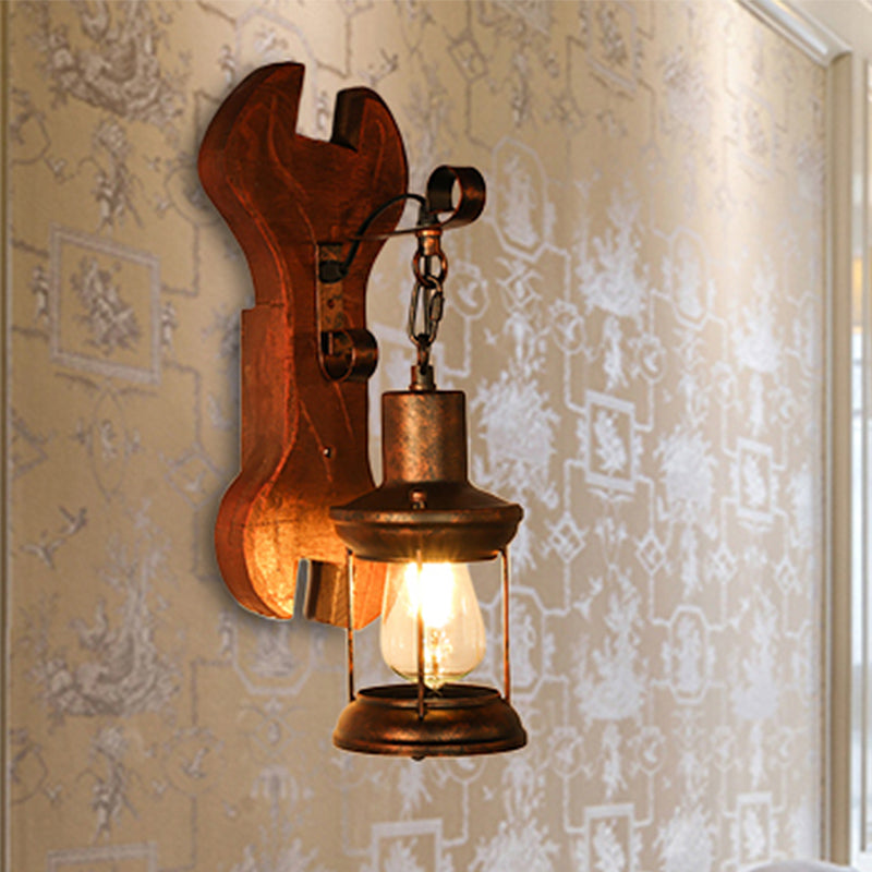 Lisslune | Rust One-Light Wall Light Coastal Clear Glass Lantern Lighting Fixture with Wood Back Plate