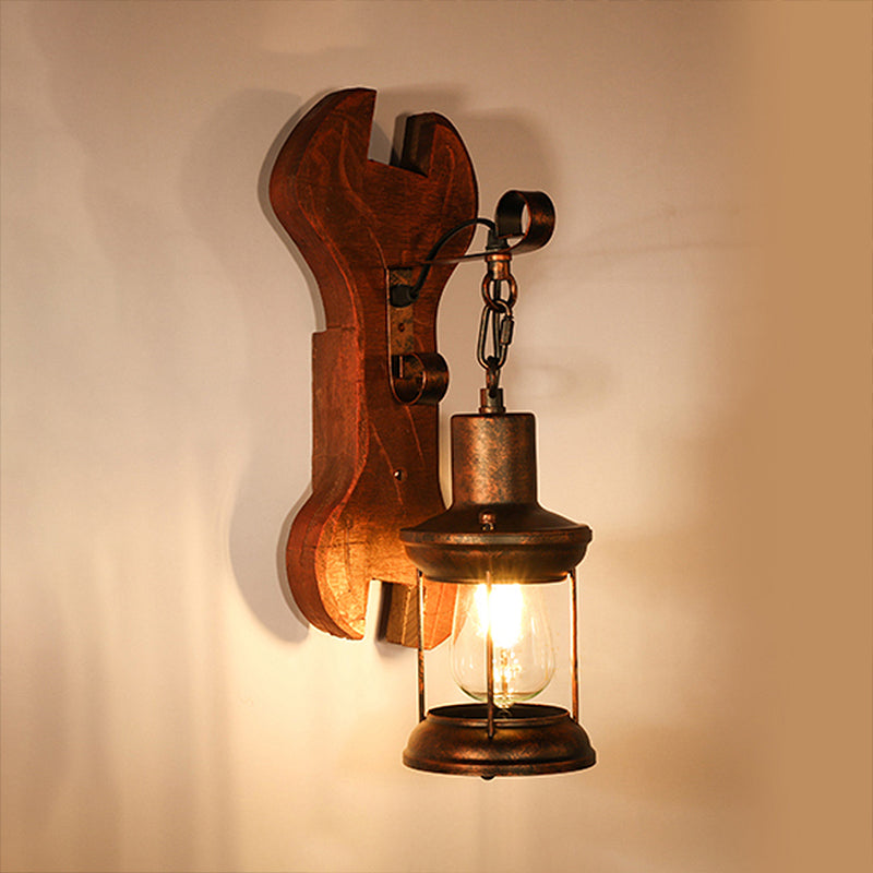 Lisslune | Rust One-Light Wall Light Coastal Clear Glass Lantern Lighting Fixture with Wood Back Plate
