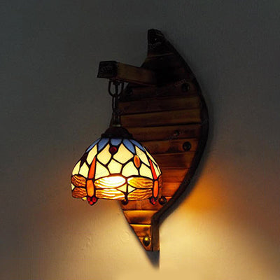Lisslune | Vintage Arched Wall Lamp Stained Glass 1 Light Hanging Wall Light with Dragonfly Pattern in Purple/Blue