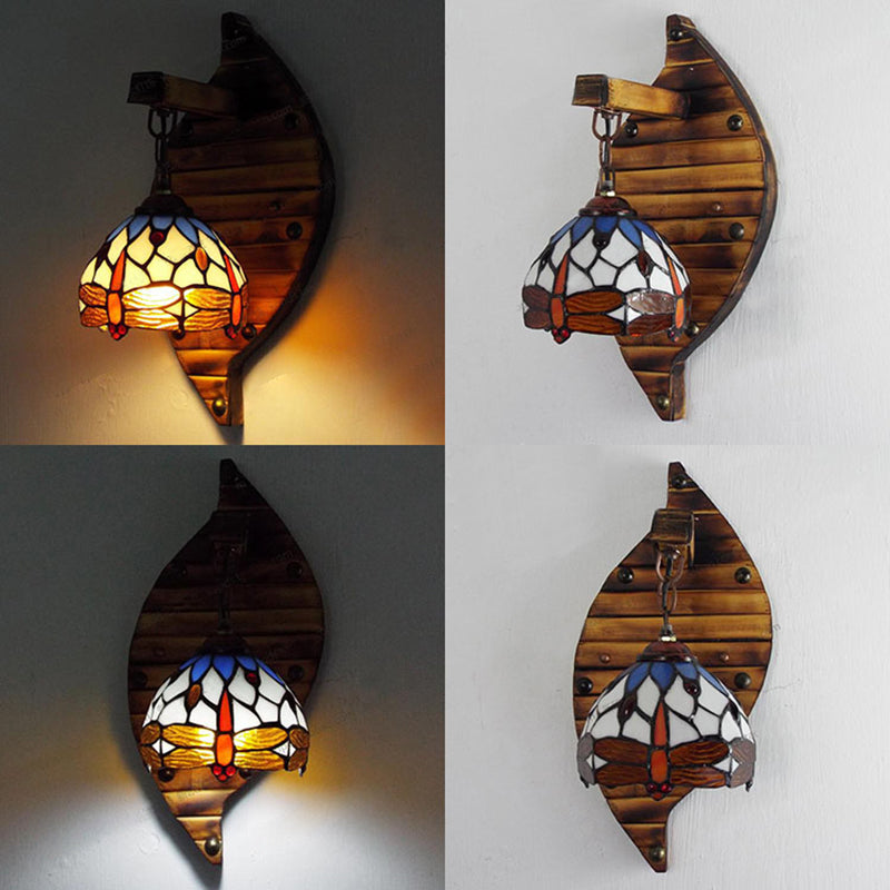 Lisslune | Vintage Arched Wall Lamp Stained Glass 1 Light Hanging Wall Light with Dragonfly Pattern in Purple/Blue