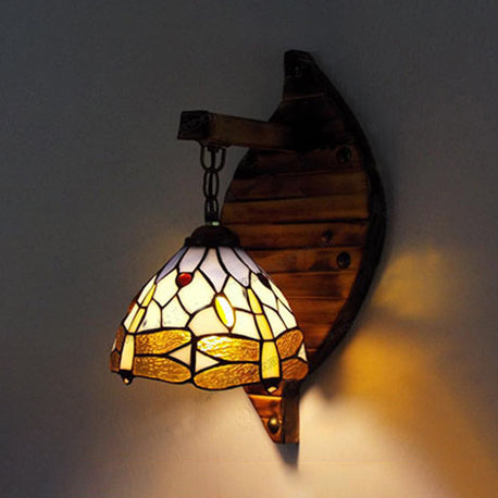 Lisslune | Vintage Arched Wall Lamp Stained Glass 1 Light Hanging Wall Light with Dragonfly Pattern in Purple/Blue