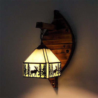 Lisslune | Small House Wall Mount Fixture Tiffany Speckled Glass 1 Light Wall Lamp Fixture with Deer and Tree Pattern in Clear/Beige