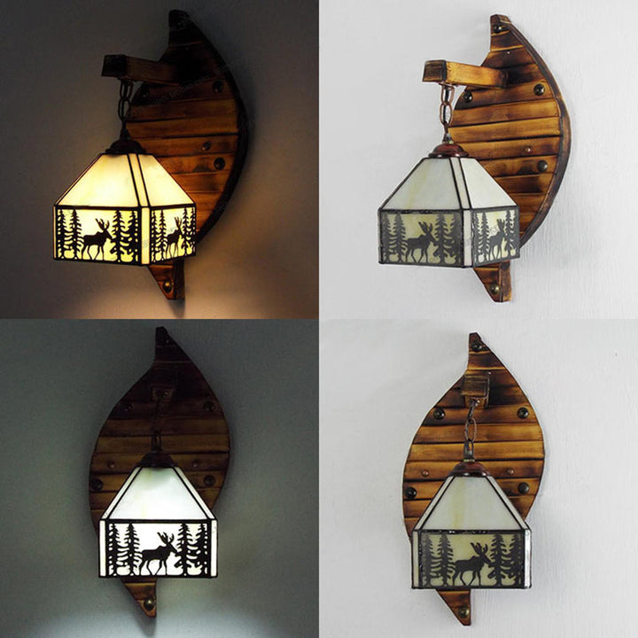 Lisslune | Small House Wall Mount Fixture Tiffany Speckled Glass 1 Light Wall Lamp Fixture with Deer and Tree Pattern in Clear/Beige