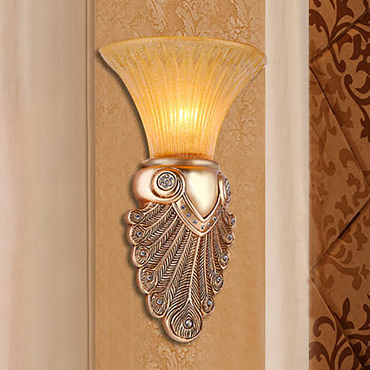 Skørter | Amber Flared Wall Lamp Antique Prism Glass 1 Light Bedroom Wall Light with Gold Peacock Tail Base, 10"/13" Wide