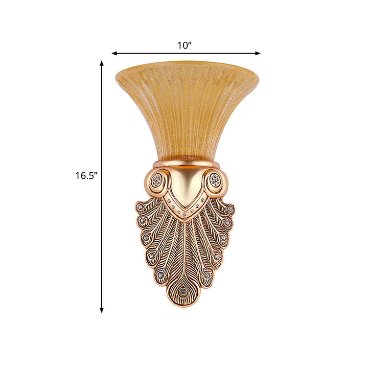 Skørter | Amber Flared Wall Lamp Antique Prism Glass 1 Light Bedroom Wall Light with Gold Peacock Tail Base, 10"/13" Wide