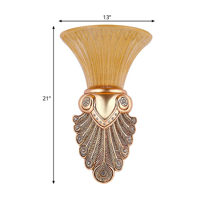 Skørter | Amber Flared Wall Lamp Antique Prism Glass 1 Light Bedroom Wall Light with Gold Peacock Tail Base, 10"/13" Wide