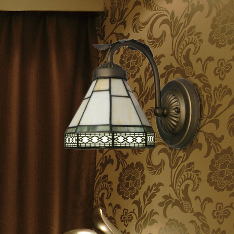 Lisslune | Tiffany style mini wall lamp with curved arm 1 light art glass wall lighting in antique brass