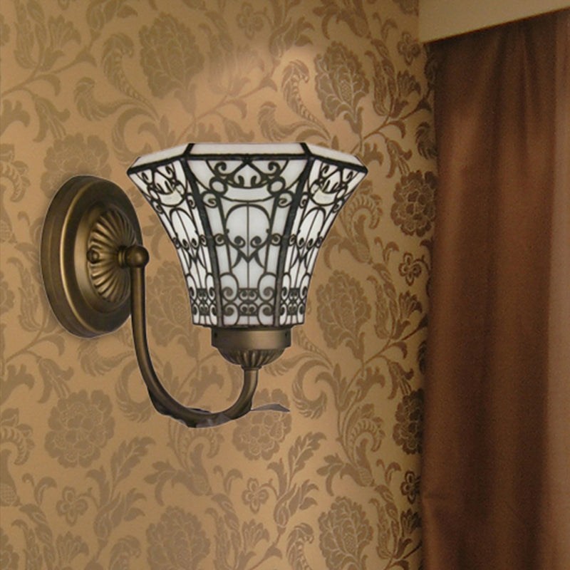 Lisslune | Tiffany style mini wall lamp with curved arm 1 light art glass wall lighting in antique brass