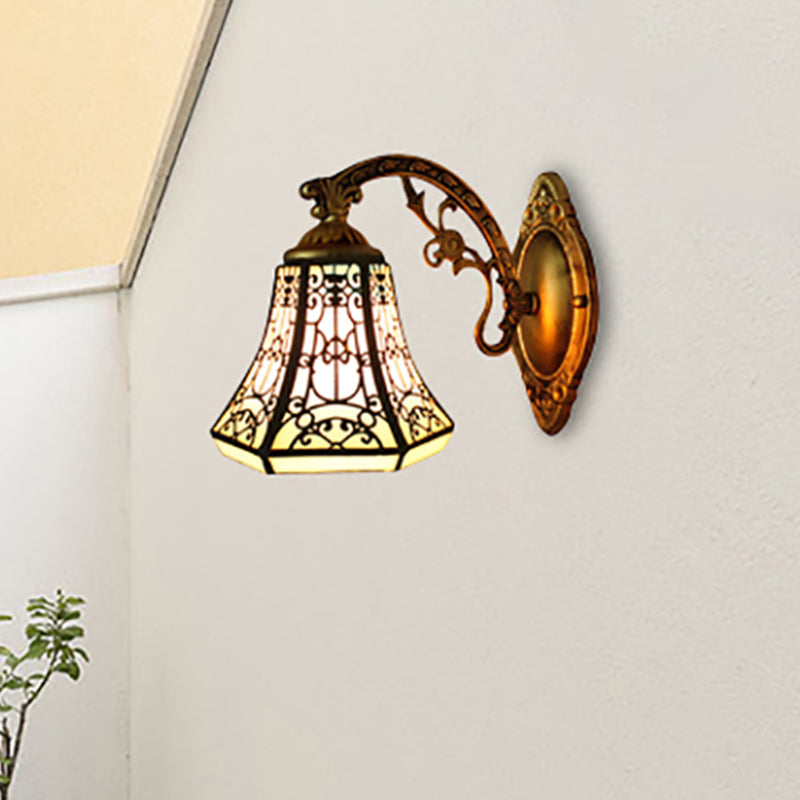 Lisslune | Stained Glass Wall Lamp with Aged Brass Curved Arm 1 Light Lodge Wall Mount Lamp