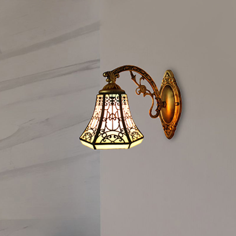 Lisslune | Stained Glass Wall Lamp with Aged Brass Curved Arm 1 Light Lodge Wall Mount Lamp