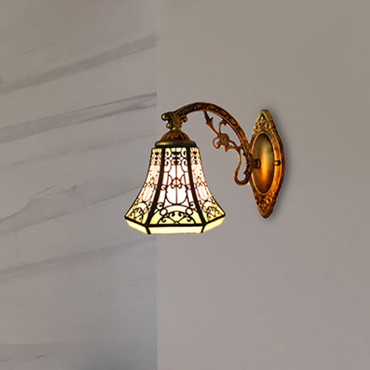 Lisslune | Stained Glass Wall Lamp with Aged Brass Curved Arm 1 Light Lodge Wall Mount Lamp
