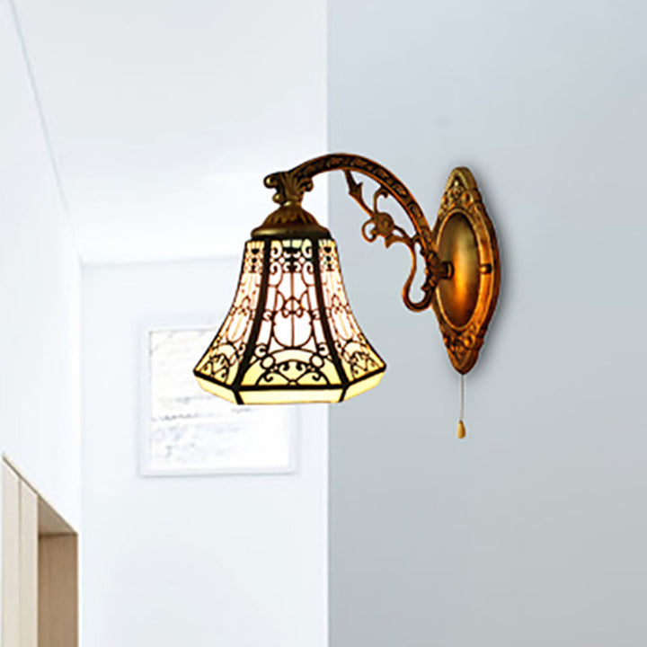 Lisslune | Stained Glass Wall Lamp with Aged Brass Curved Arm 1 Light Lodge Wall Mount Lamp